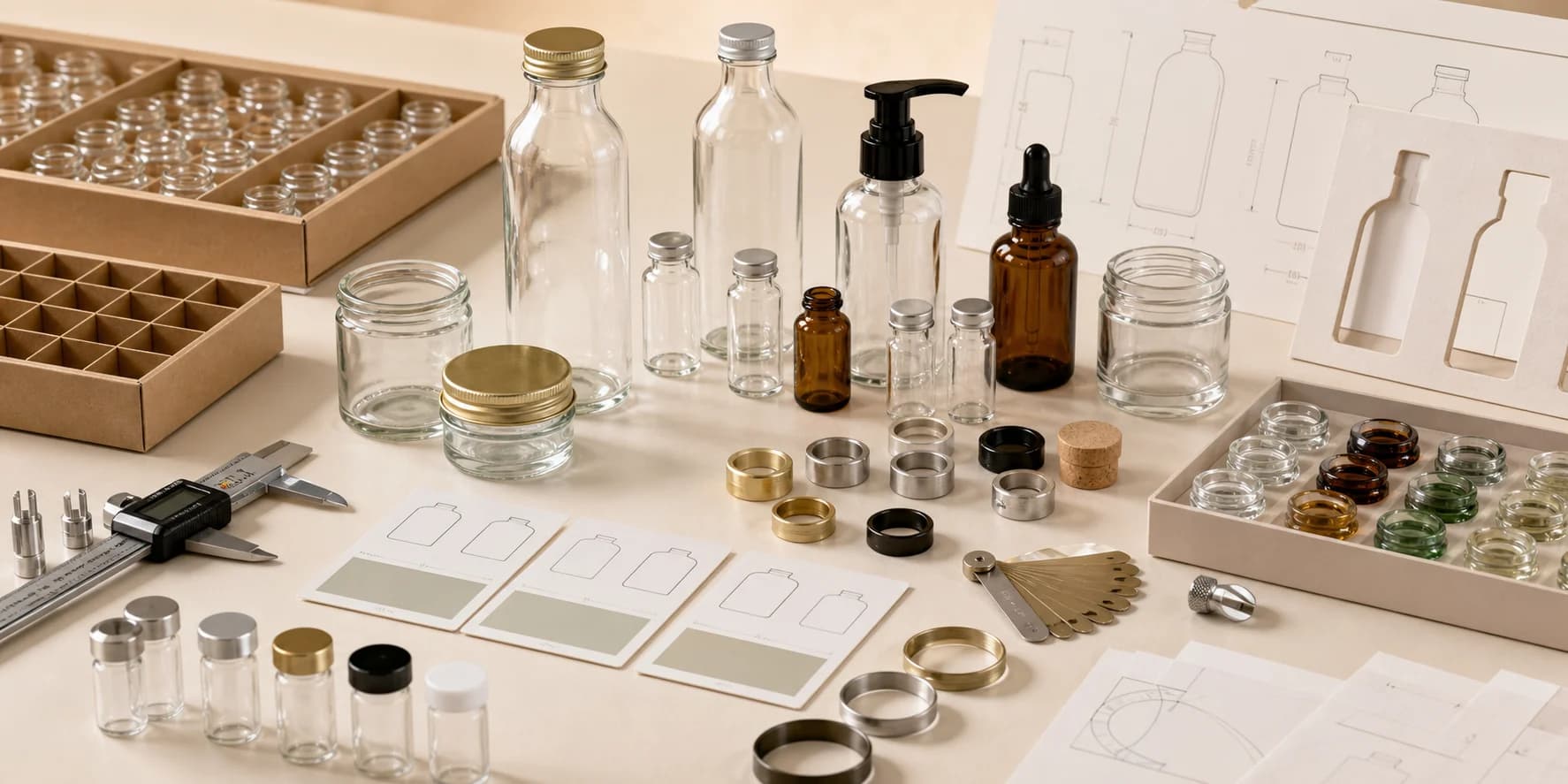 Glass packaging resources, specification notes, bottles, jars and closure samples.