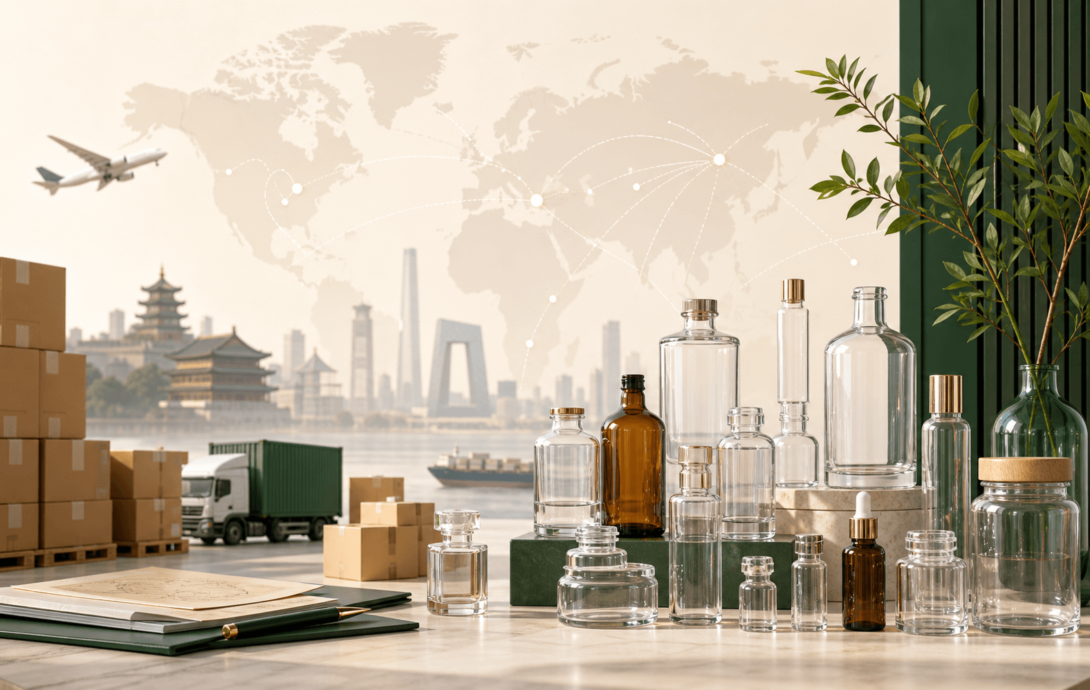 Glass packaging products prepared for global export shipping and wholesale cooperation.