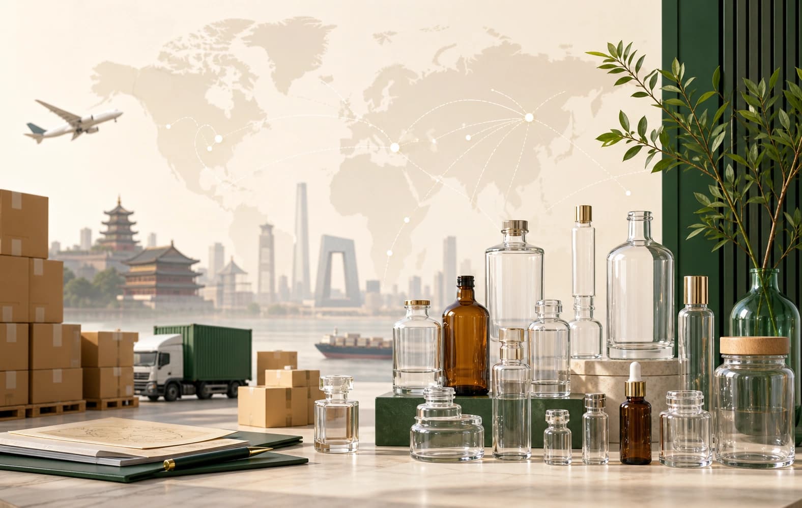 Glass packaging products prepared for global export shipping and wholesale cooperation.