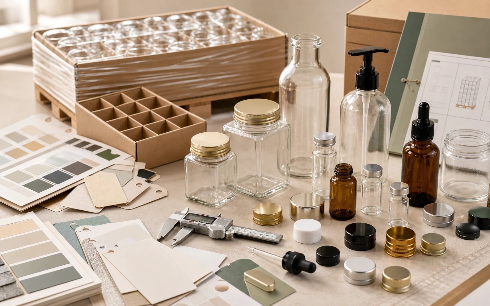 Glass packaging sourcing workbench with bottles, jars, closures, samples and export preparation materials.