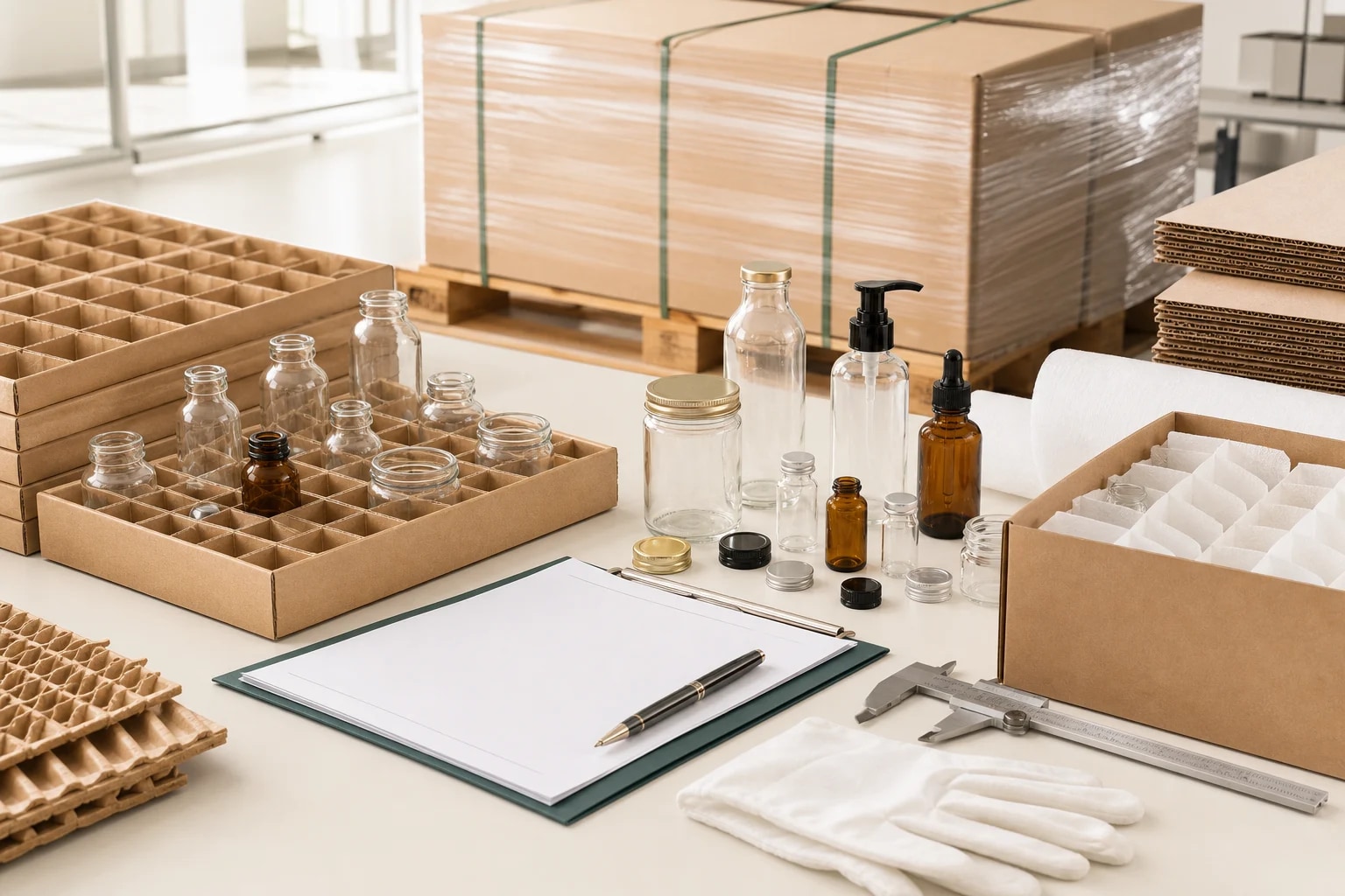 Glass packaging inspection and export packing bench with dividers, cartons, pallet preparation and inspection tools.