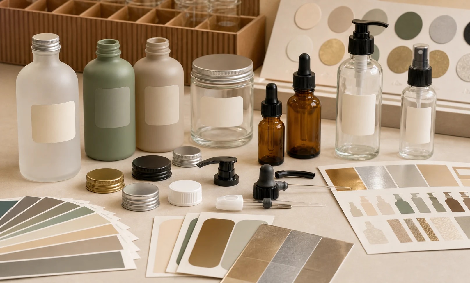 Glass packaging finishing and component matching scene with frosted bottles, color samples, pumps, droppers and caps.