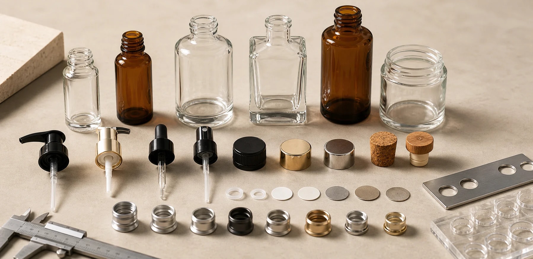 Glass bottles, jars, pumps, droppers, sprayers, caps and neck finish components arranged for matching.