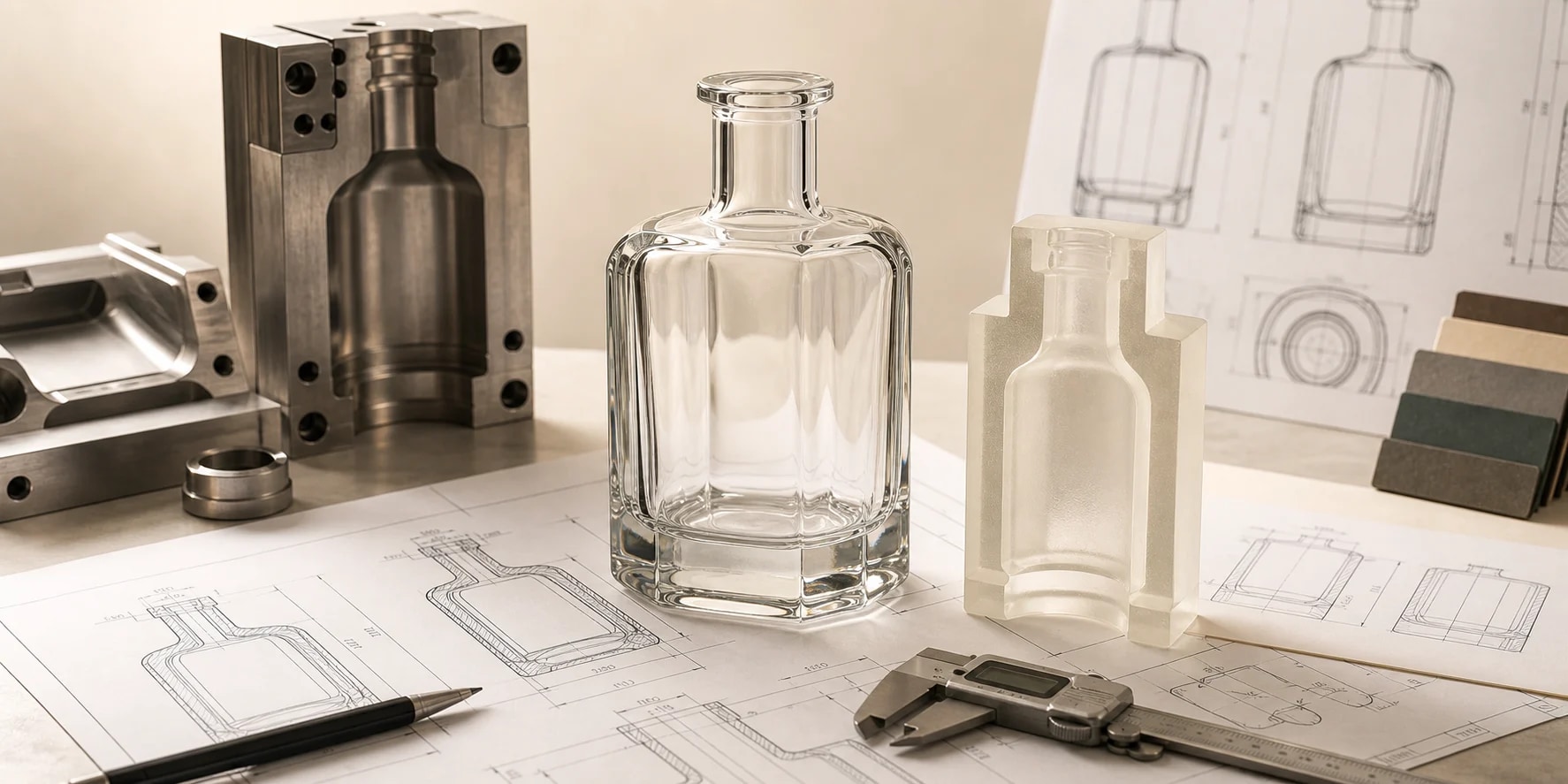 Glass mold development scene with prototype bottle, mold parts, drawings and caliper.