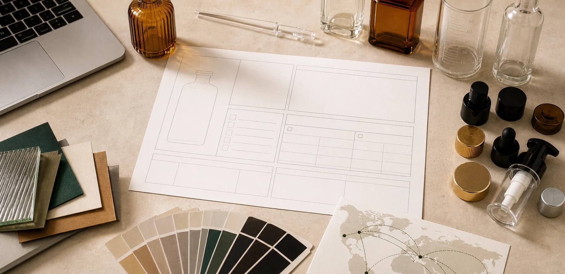Custom packaging project brief desk with reference bottle, blank brief sheet, color chips and closure samples.