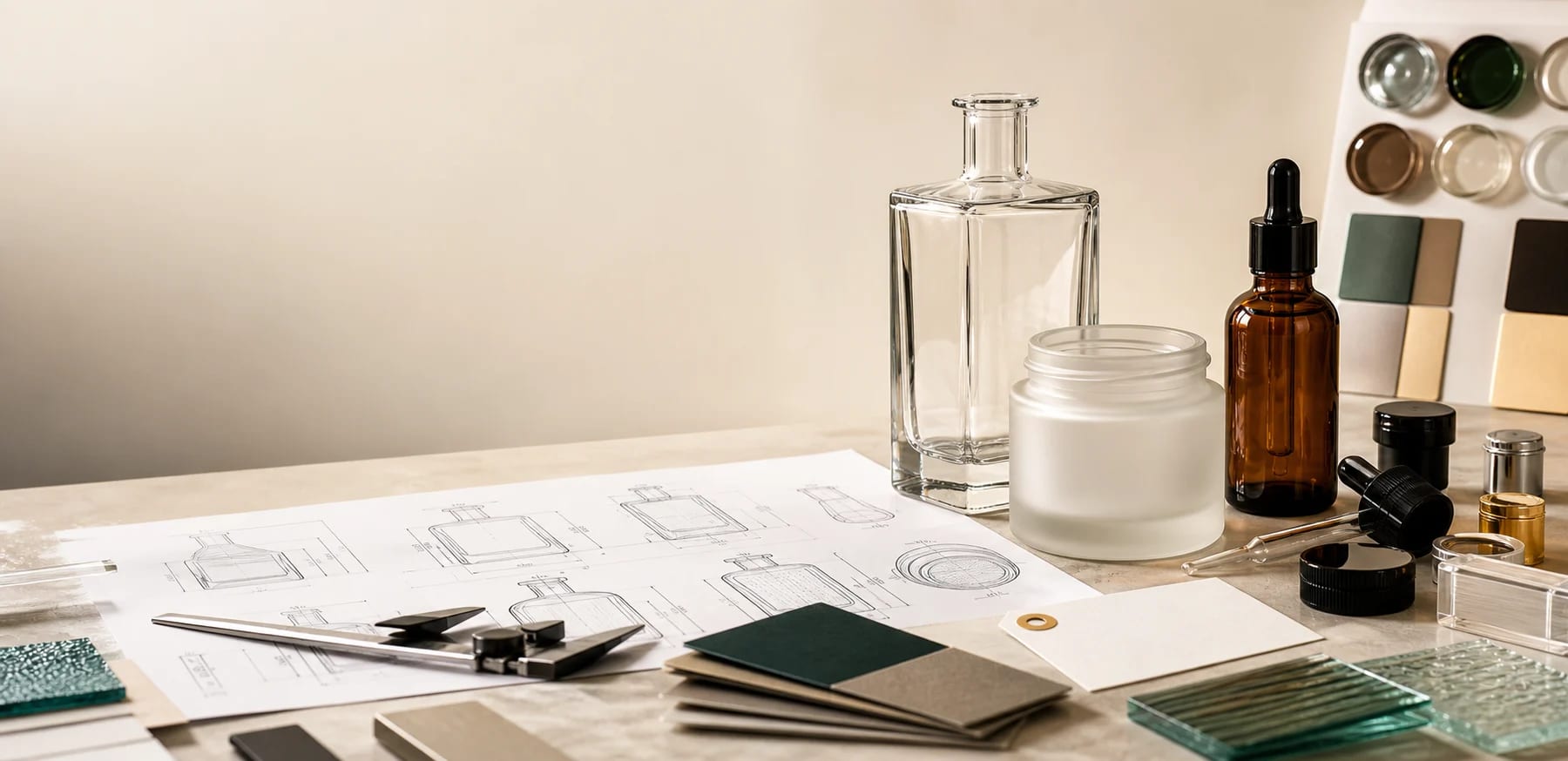 Custom glass packaging development workbench with prototypes, drawings, closures and finish samples.