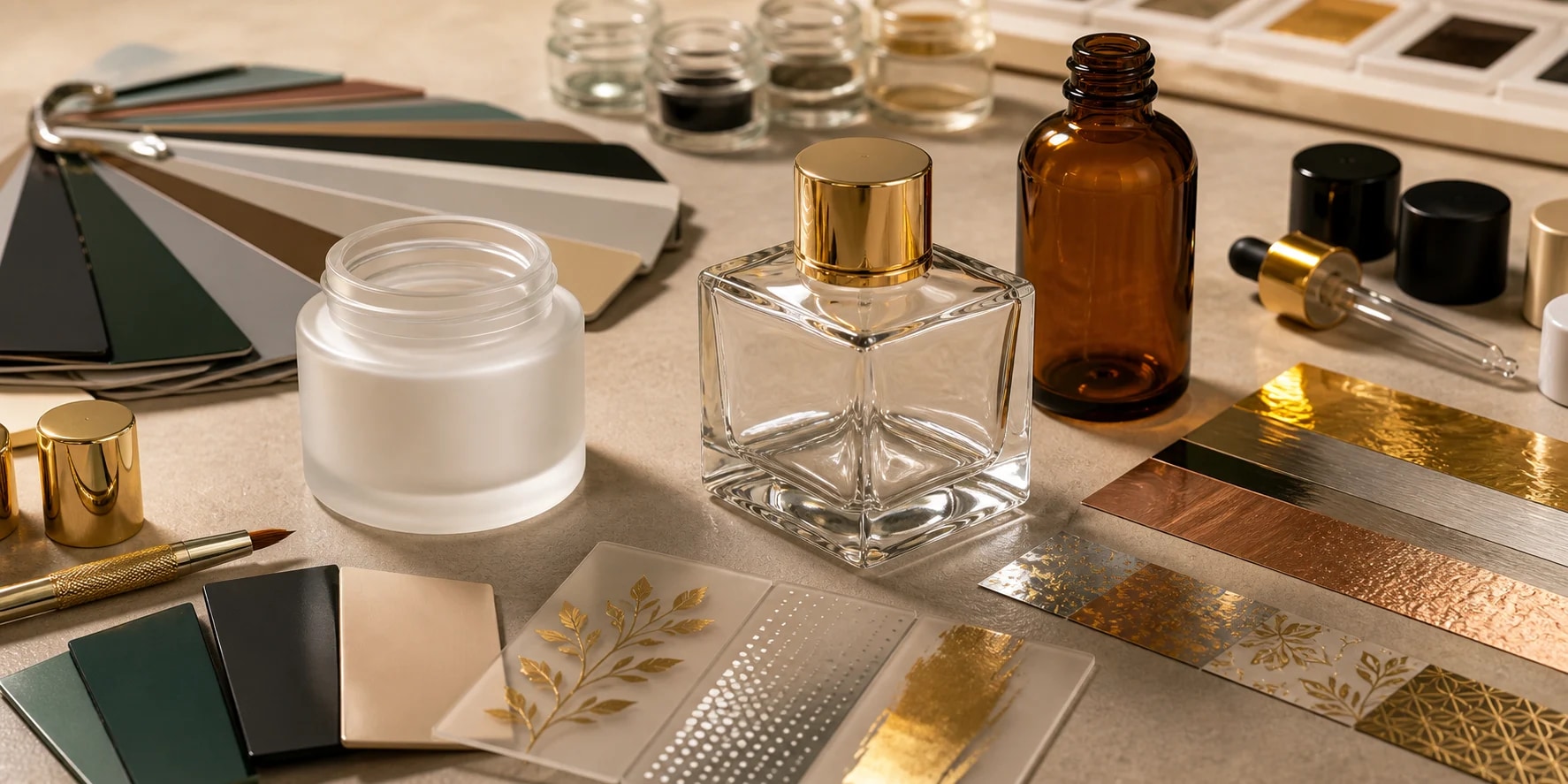 Glass packaging decoration and finishing samples with frosted glass, color panels and foil details.