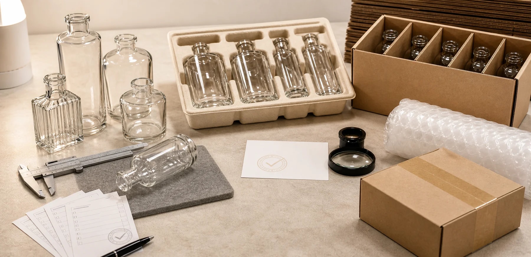 Custom glass packaging quality control and export packing with cartons, trays and inspection tools.