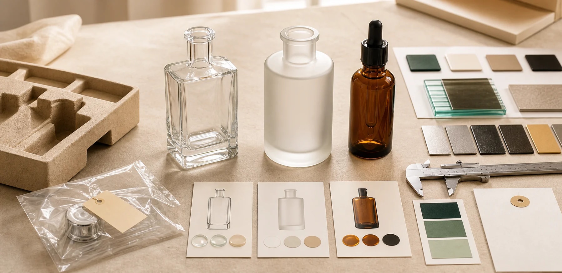 Custom glass packaging sampling table with prototypes, color chips and approval materials.
