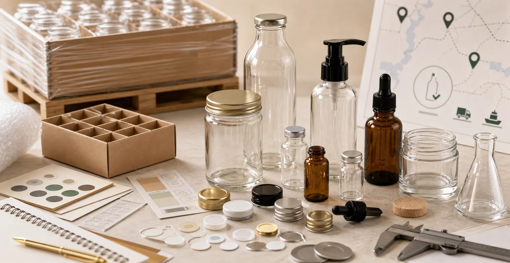 Glass packaging application review desk with bottles, jars, closures, packing materials and shipping references.
