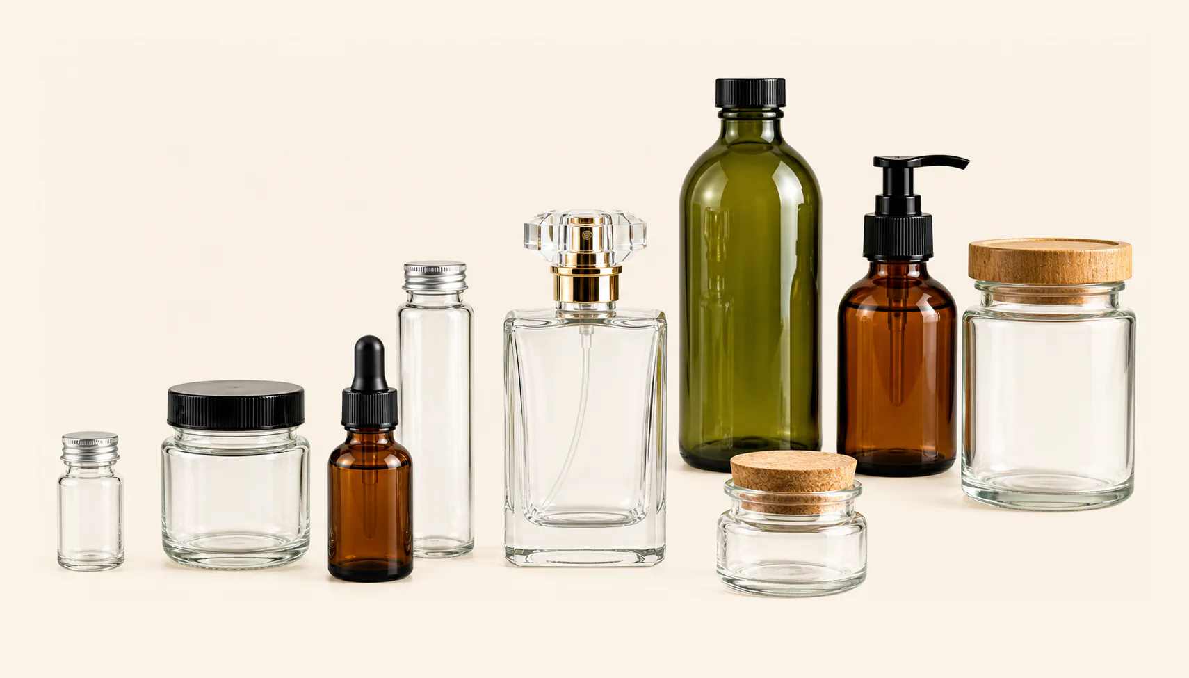 Empty glass bottles, jars and vials for wholesale packaging.